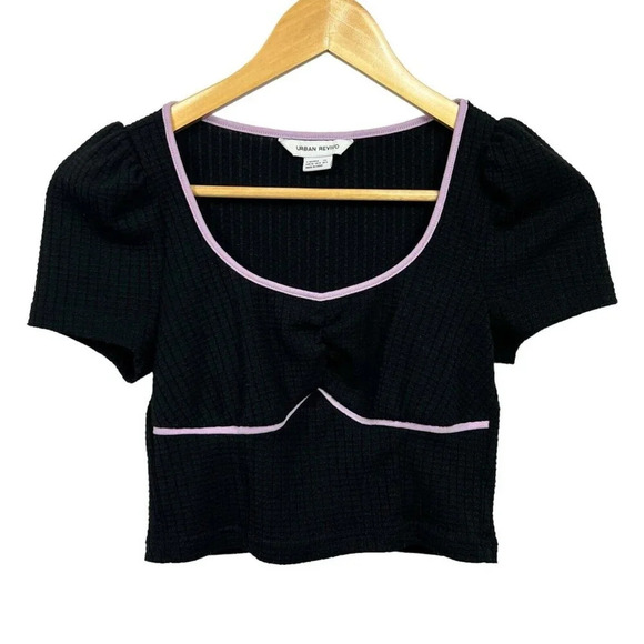 Urban Revivo Ribbed Top Short Sleeve Cropped Black Purple Piping Women’s US 4 - Picture 1 of 5